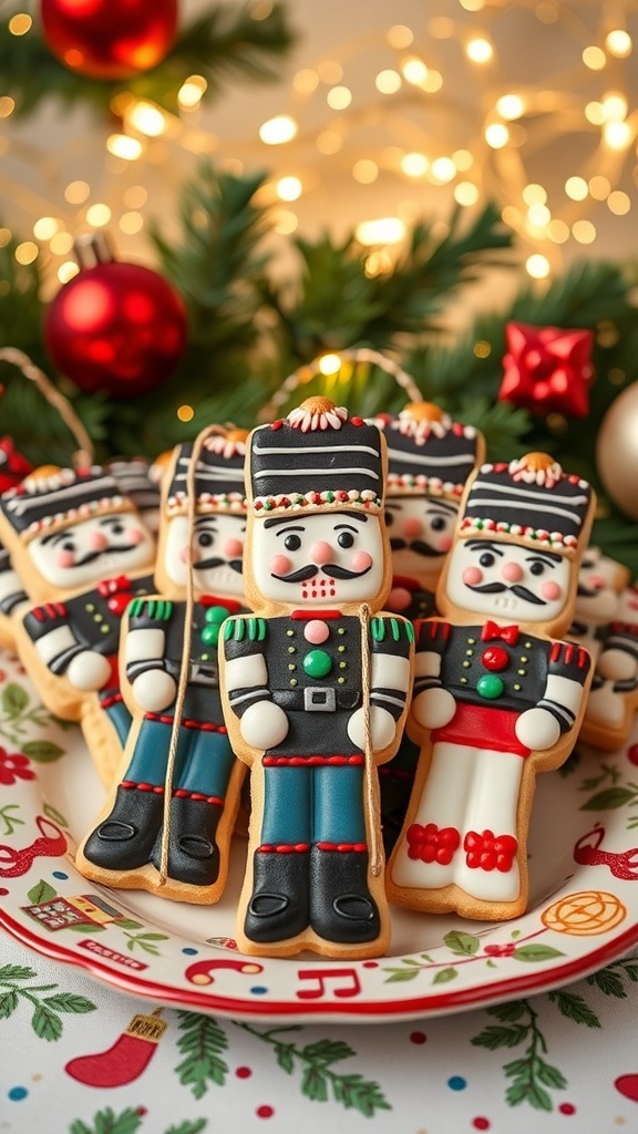 Nutcracker Christmas Cookies Recipe Decorated Nutcracker Christmas cookies on a festive plate with holiday decorations.